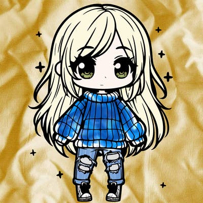 chibi girl with ripped jeans,long hair, and an oversized sweater