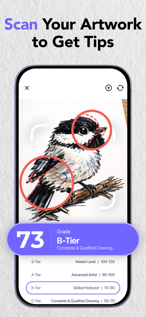 ArtCoach - Learn How to Draw - Smartphone app scanning a bird drawing to provide AI feedback and a skill grade