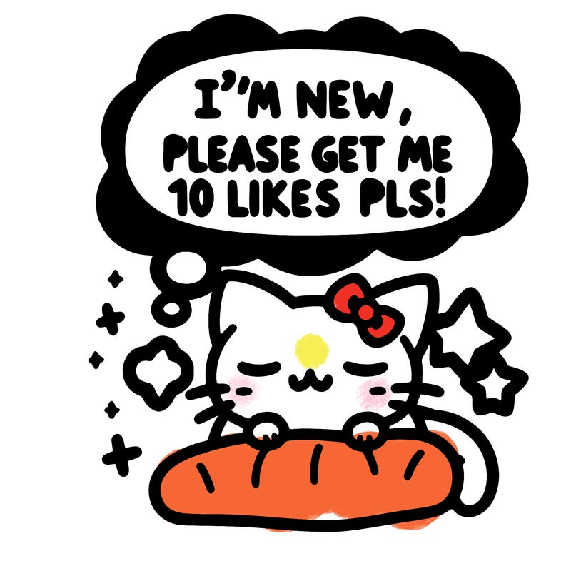 kitty taking a nap dream talking and saying "i'm new, please get me at least 10 likes pls!!"