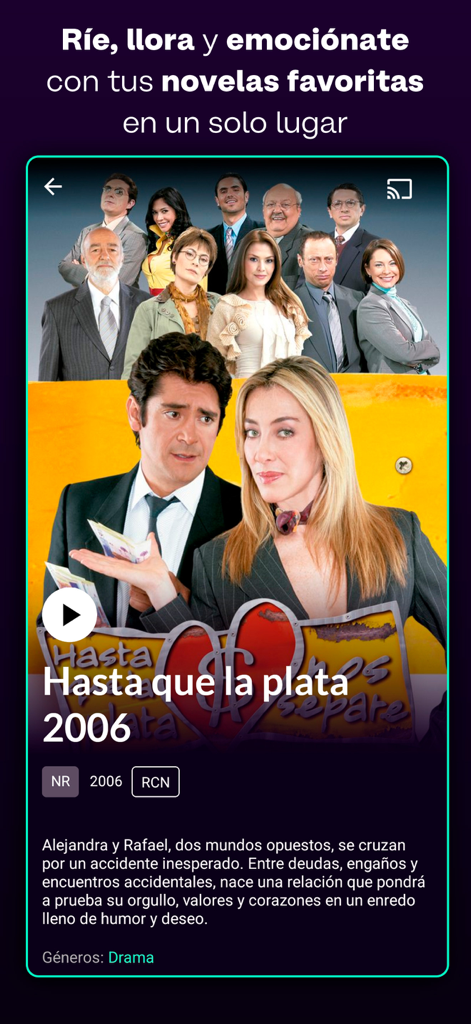 Canal RCN - Pantalla de la aplicación Canal RCN que muestra la telenovela colombiana clásica Hasta que la plata nos separe