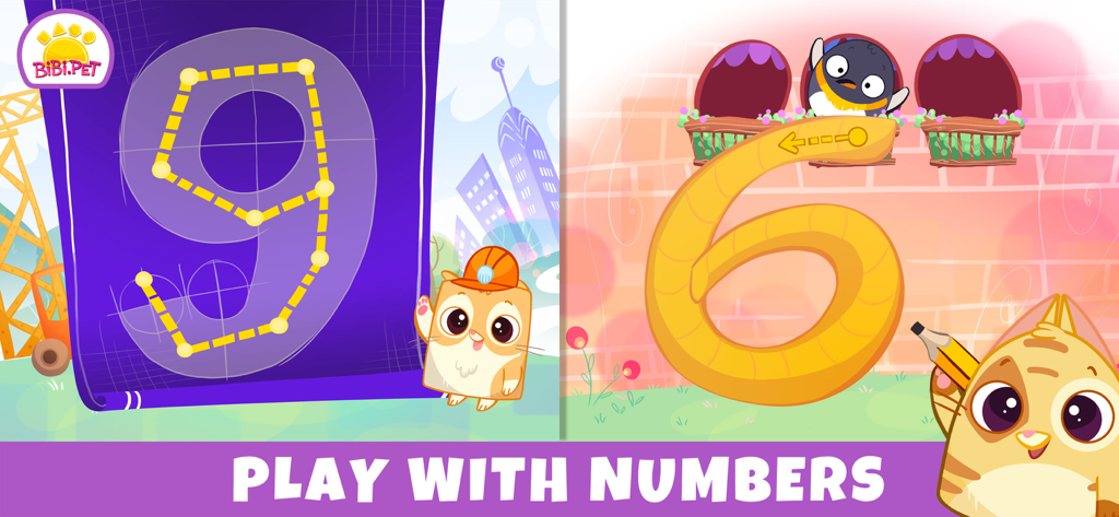 Bibi Numbers 123 - Kids Games - Kids learning to trace numbers nine and six with cute characters in the Bibi Numbers app