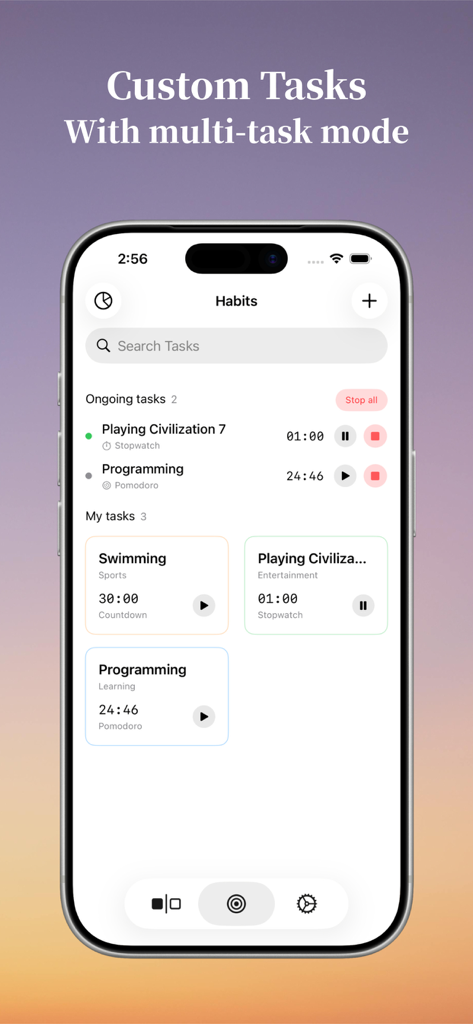 Halftime - Visual Time Tracker - Halftime 앱 화면이 습관 추적을 위한 맞춤형 작업 및 멀티태스킹 모드를 표시합니다.