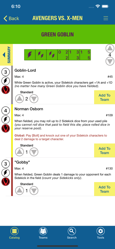 Sidekick for Dice Masters - Sidekick for Dice Masters app showing Green Goblin card variants in the Avengers vs. X-Men set catalog.