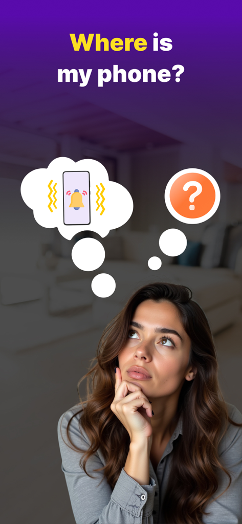 Find Phone By Clap, Flash - Woman looking up at a thought bubble with a ringing phone icon