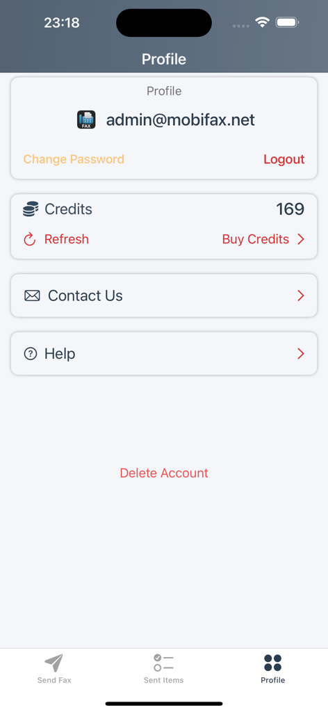 MobiFax - Fax app for iPhone - User profile tab of the MobiFax app showing fax credits and contact information.
