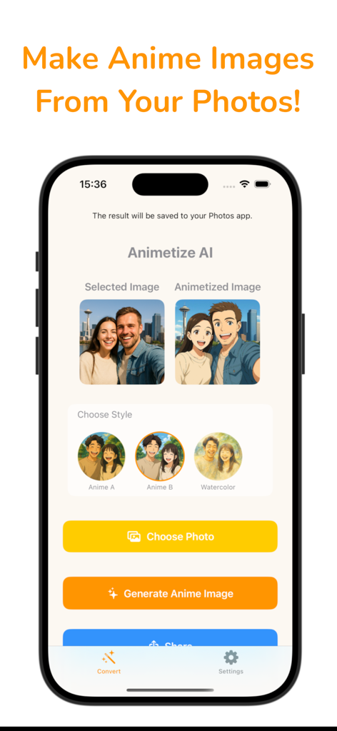 Animetize AI - Animetize AI mobile app interface showing a couple photo being converted into a Japanese anime style illustration