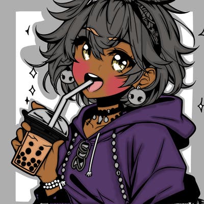 hot baddie anime girl drinking boba and biting the straw