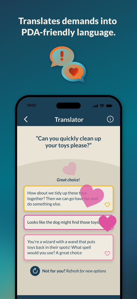 PDA Pro for Demand Avoidance - Capture d'écran de l'application PDA Pro montrant un traducteur de langue qui transforme les demandes en choix neuro-affirmatifs pour les parents.