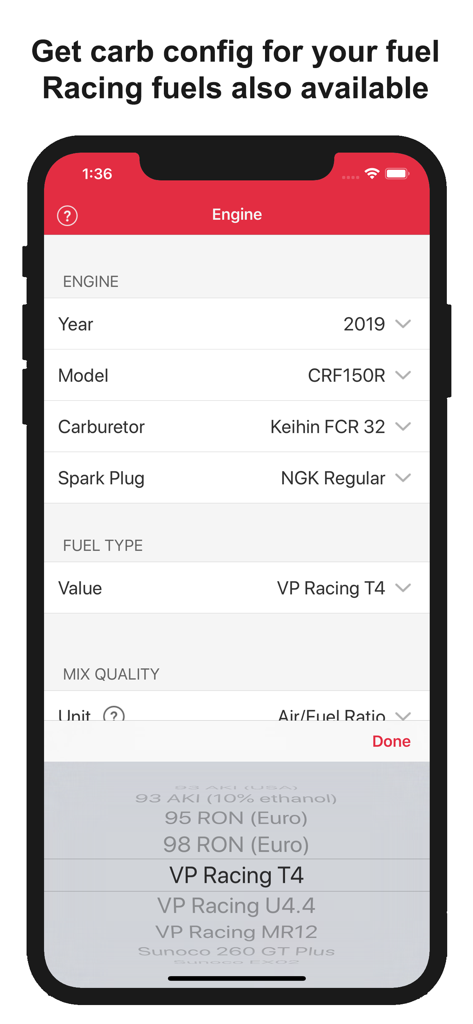 Engine configuration screen for Honda CRF moto jetting showing racing fuel options