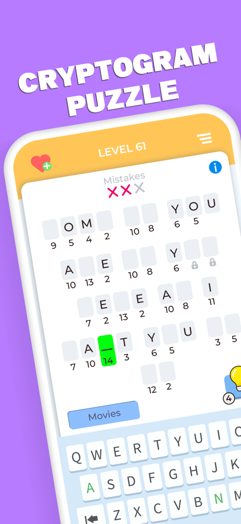 Cryptogram Letters and Numbers - A cryptogram puzzle game screen showing letters and numbers to decode a movie quote