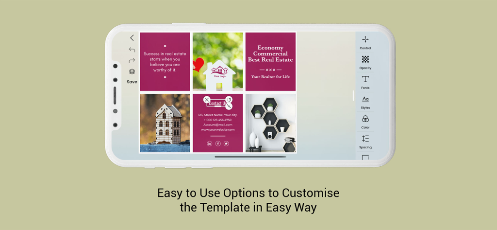 Brochure Maker - Infographic - Real estate brochure template being edited on a mobile phone with various design customization options