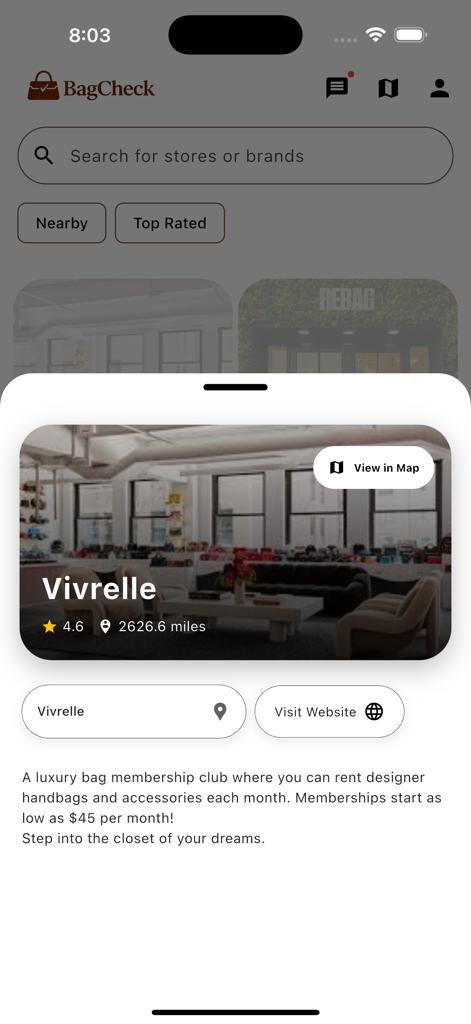 A mobile screen from the BagCheck app showing a profile for Vivrelle luxury bag membership club with rental details and rating.