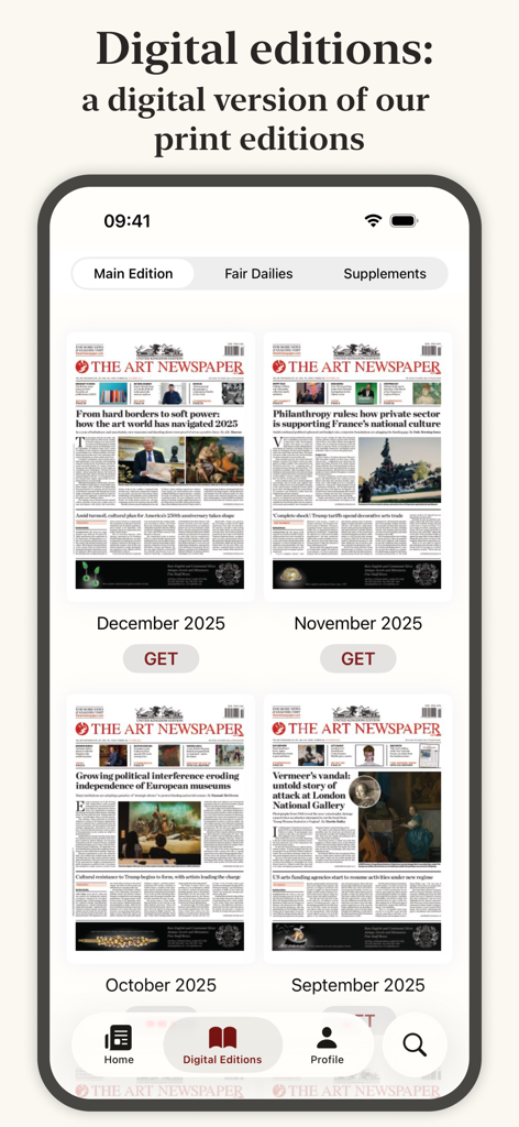 The Art Newspaper mobile app displaying a collection of digital print editions for download.
