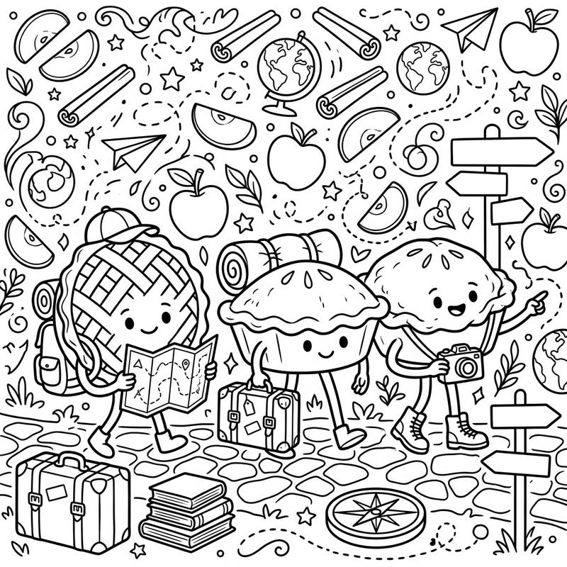 Embark on a delightful journey with these charming apple pies as they explore the world! This unique coloring page blends sweet treats with the thrill of travel for an imaginative experience.
