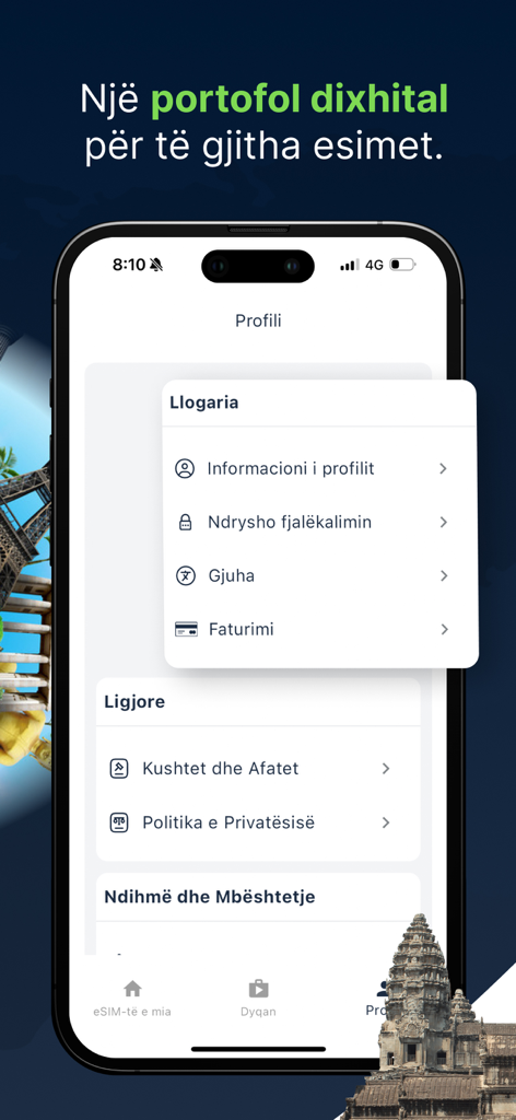 Schermata del profilo dell'app SuperSim che mostra le impostazioni dell'account e le opzioni di supporto