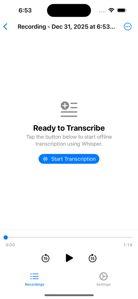 SecureVox - Interface of SecureVox app showing the start transcription screen for private offline audio processing.