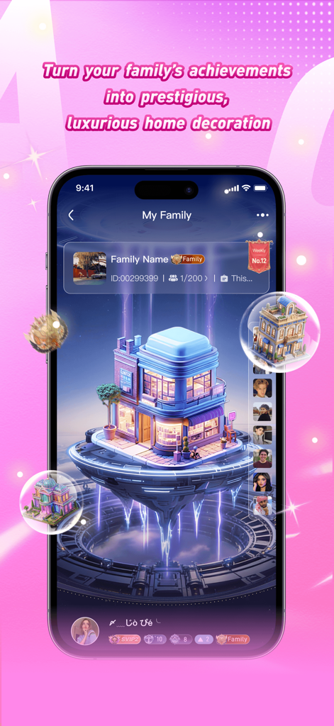 Aoda - Aoda App-Screenshot, der ein virtuelles schwebendes Gebäude zeigt, das prestigeträchtige familiäre Errungenschaften und sozialen Status repräsentiert.