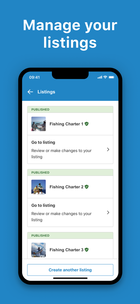 Manage fishing charter listings screen on the FishingBooker for Captains app