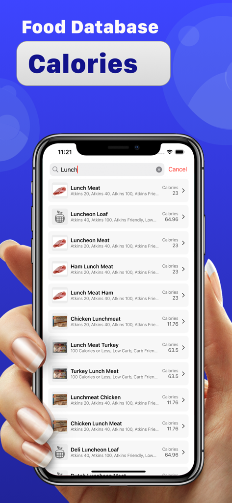 Diabetic carb counter - A hand holding a smartphone displaying a list of lunch meats with their calorie counts in the food database app.