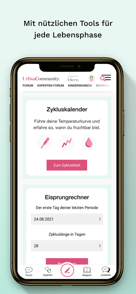 urbia online - Urbia online mobile app showing cycle calendar and ovulation calculator tools for fertility tracking