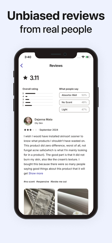 SkinSort - Skincare Scanner - Interface of the SkinSort app showing unbiased user reviews and ratings for a skincare product including sentiment tags and skin type information.