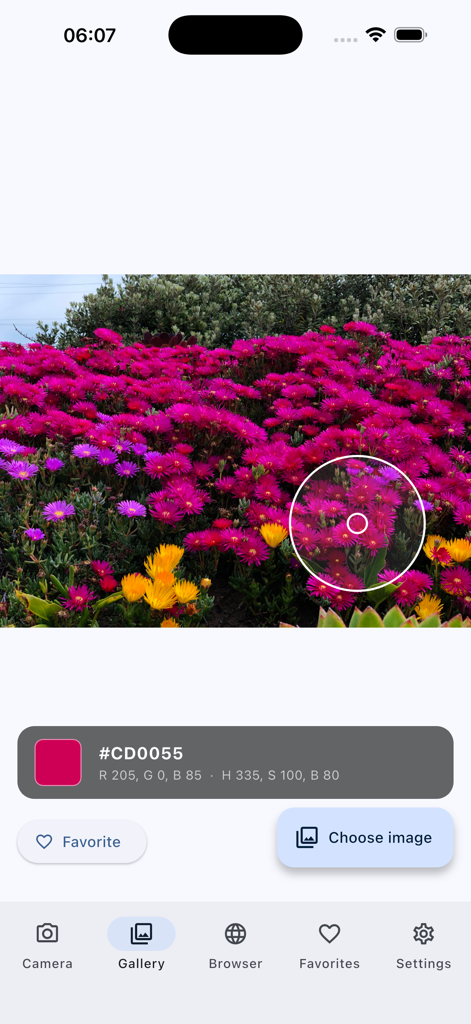 HexLens 앱 인터페이스는 갤러리의 생생한 꽃 사진에서 분홍색 Hex 코드를 선택하는 색상 선택기 도구를 보여줍니다.