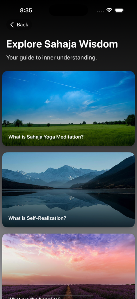 SahajaYoga-Meditation - Interfaz que muestra temas de Sabiduría Sahaj como Autorrealización con imágenes del paisaje.