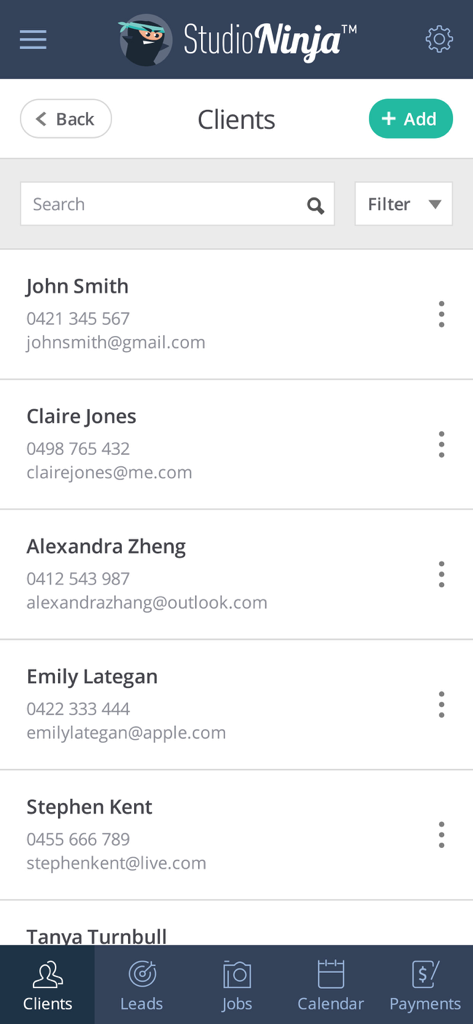 Studio Ninja mobile app screen displaying a list of photography clients with contact information and search options.