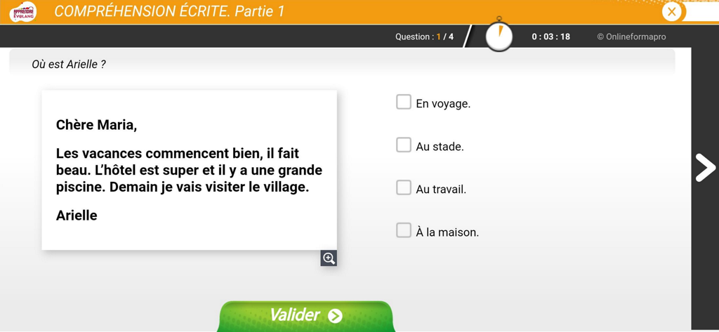 APPRENDRE Ev@lang - A French reading comprehension question in the APPRENDRE Ev@lang app showing a short text and multiple choice answers.