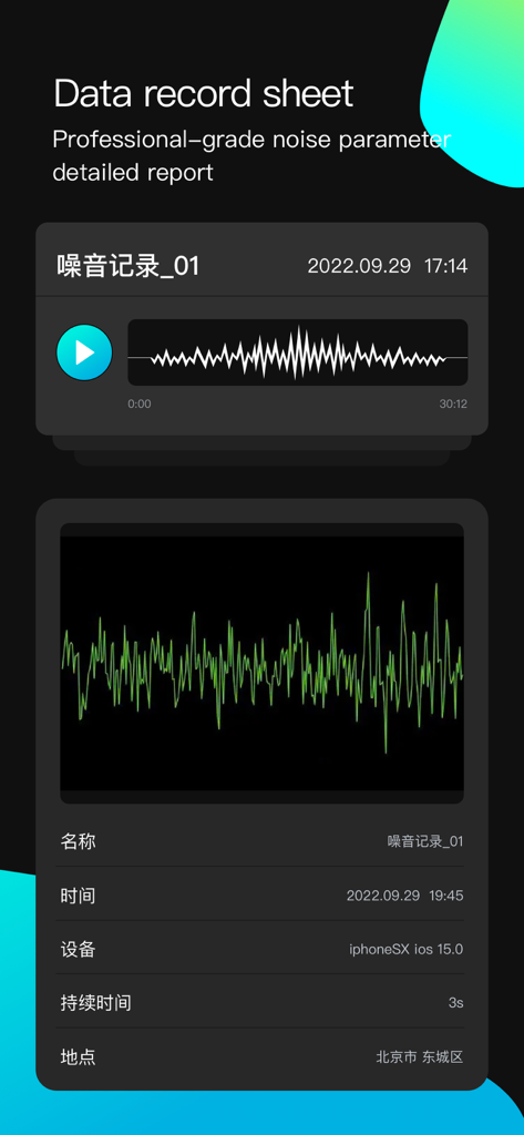 Informe profesional de grabación de ruido que muestra datos de forma de onda y frecuencia.