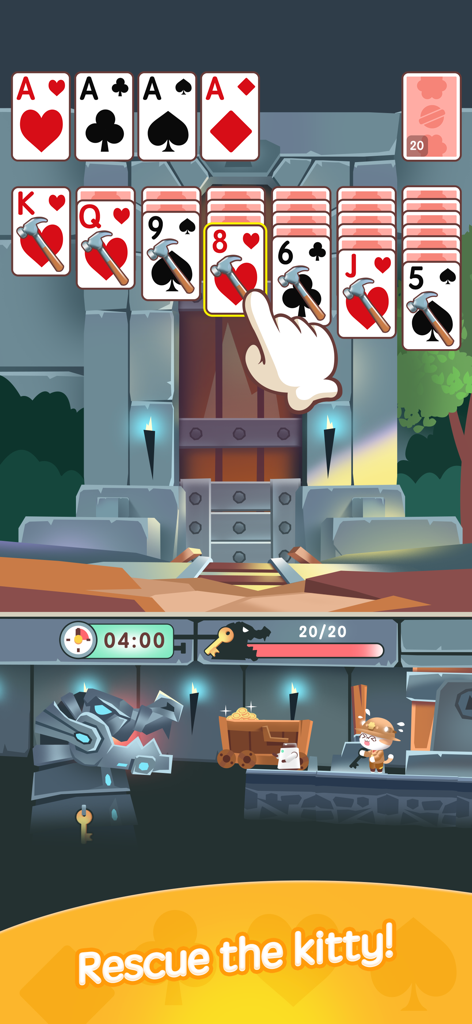 Solitaire card game screen featuring a rescue mission theme with an explorer cat and a robotic dragon