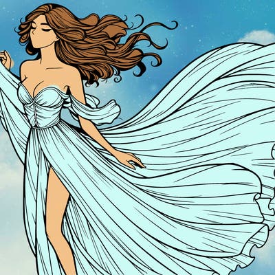 realistic woman in dress flowing the the wind