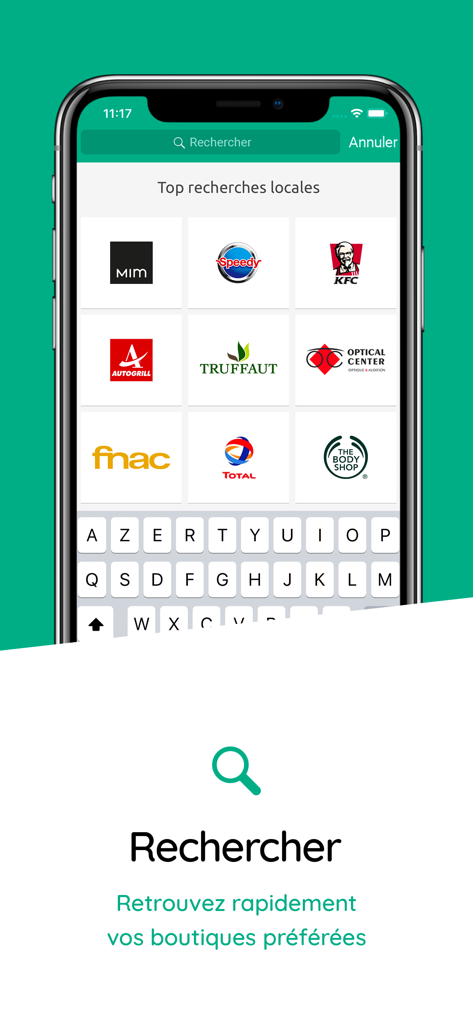 Ma Reduc - Ma Reduc app search interface showing a grid of local store logos like KFC and Fnac for finding nearby discounts