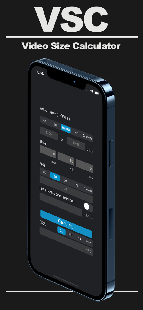 Video Grössenrechner App-Oberfläche auf dem iPhone, die Videoauflösung und Einstellungen zur Dateigrösse anzeigt