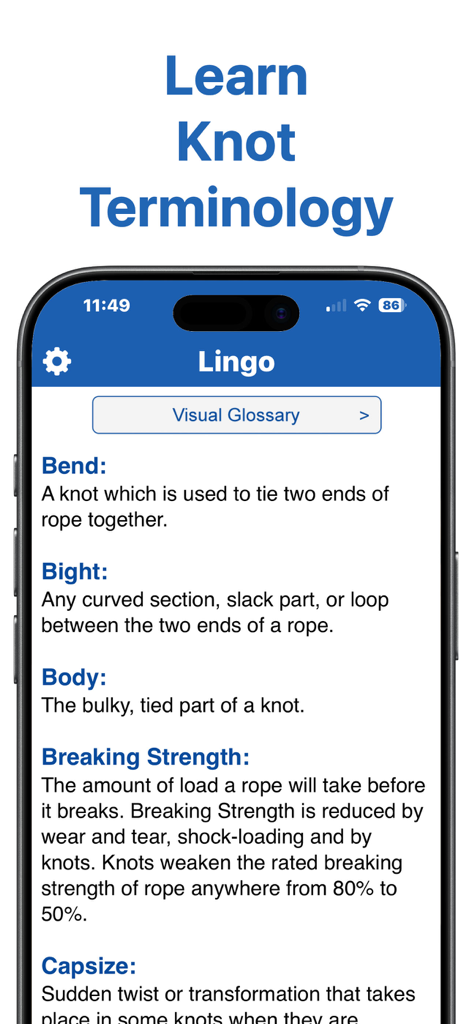Knot Guide (Lite) - Un écran mobile montrant les définitions de termes liés aux nœuds comme le nœud d'assemblage, le nœud d'arrêt et la résistance à la rupture dans l'application Guide des Nœuds