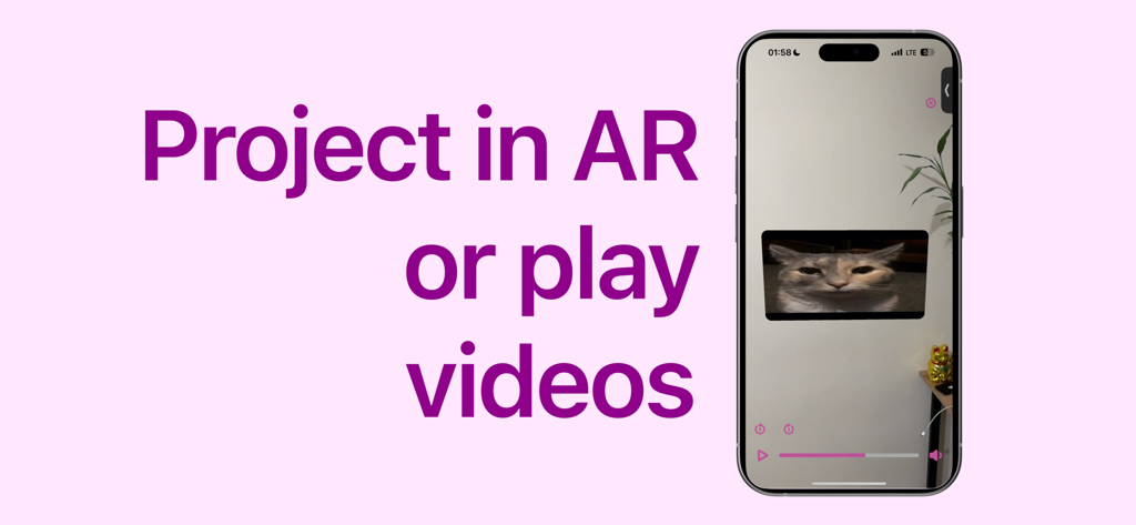 AR VideoLab - Pantalla del smartphone mostrando la aplicación AR VideoLab proyectando un video de un gato en una pared usando realidad aumentada.
