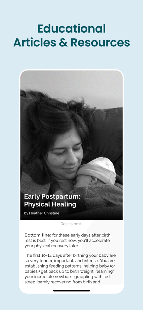 Interface de l'application Carry montrant un article éducatif sur la guérison physique post-partum précoce avec une mère et un nouveau-né.