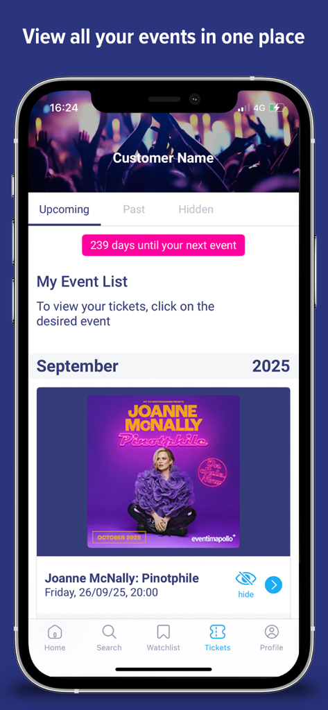 EVENTIM UK | Event Tickets - Eventim UK app screen showing upcoming event tickets and countdown