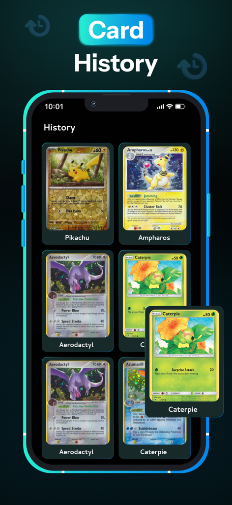 Screen showing a collection of scanned Pokemon cards in the history section of the TCG Card Scanner app