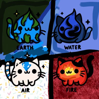 4 cats that represent the different elements, earth, water, air, and fire