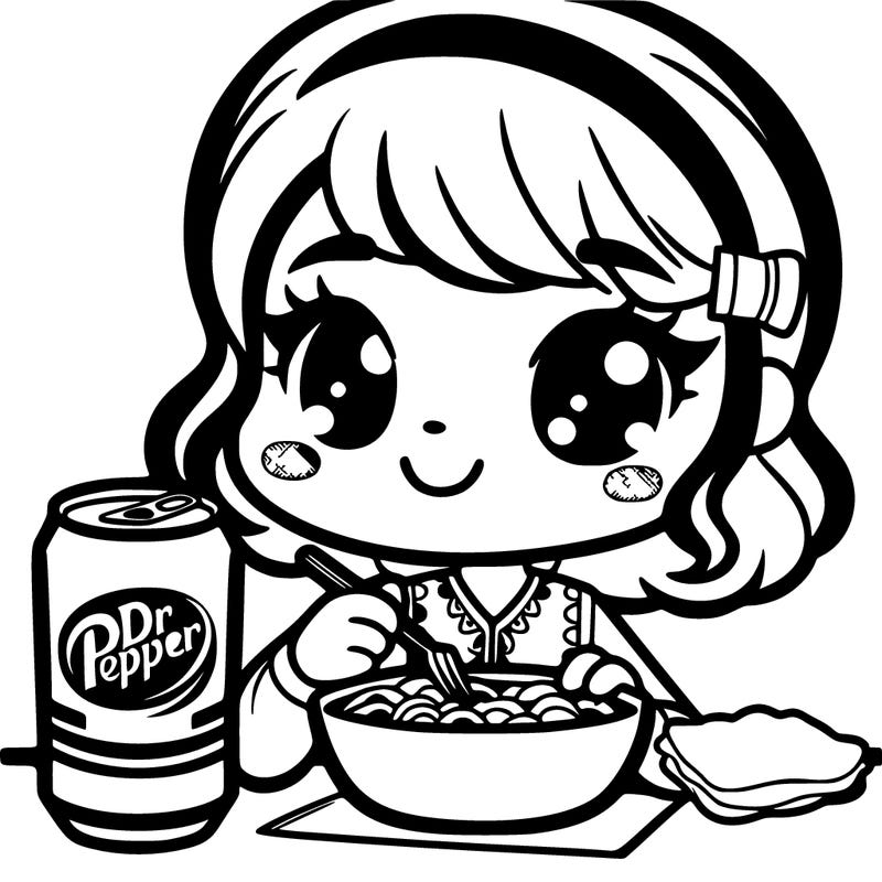 dr pepper with a girl eating some food and the drink