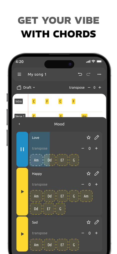 Song Writer AI,Lyric Generator - Mobile interface of Song Writer AI app showing chord progressions organized by moods like Love Happy and Sad