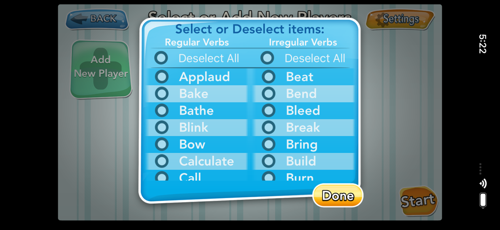iPractice Verbs - A menu in the iPractice Verbs app allowing users to select or deselect specific regular and irregular verbs for a practice session.