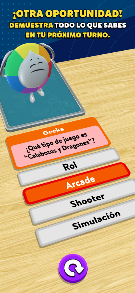 Une capture d'écran de Preguntados AR montrant un personnage 3D et une question de trivia sur les jeux sur une table en bois.