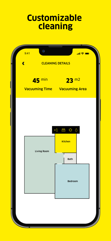 Karcher Home Robots app screen displaying a room map and cleaning statistics