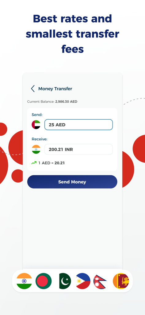 C3Pay mobile App-Bildschirm für internationale Geldüberweisungen mit wettbewerbsfähigen Wechselkursen und niedrigen Gebühren.