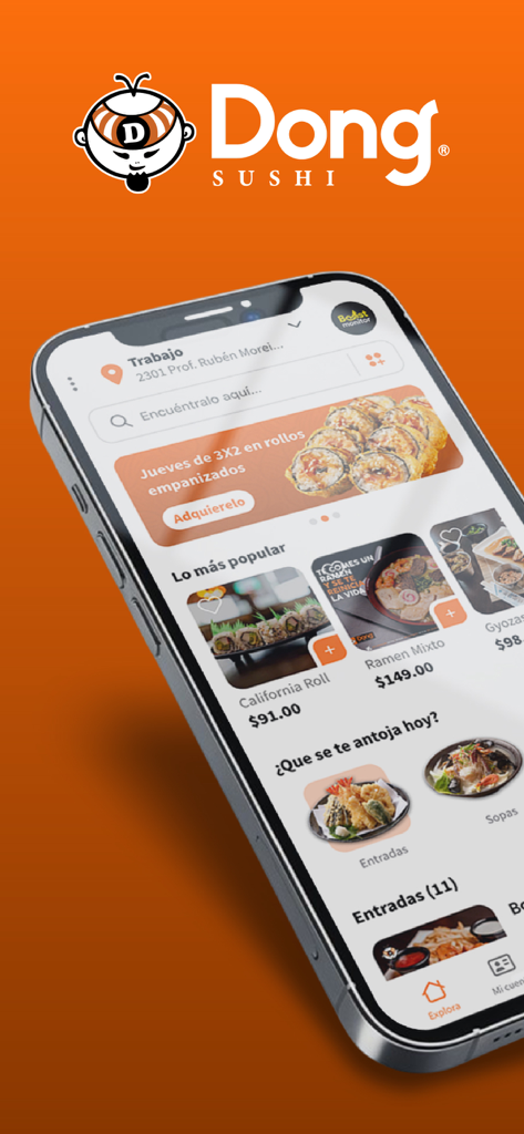 Pantalla de la aplicación móvil Dong Sushi mostrando el menú de comida y ofertas especiales