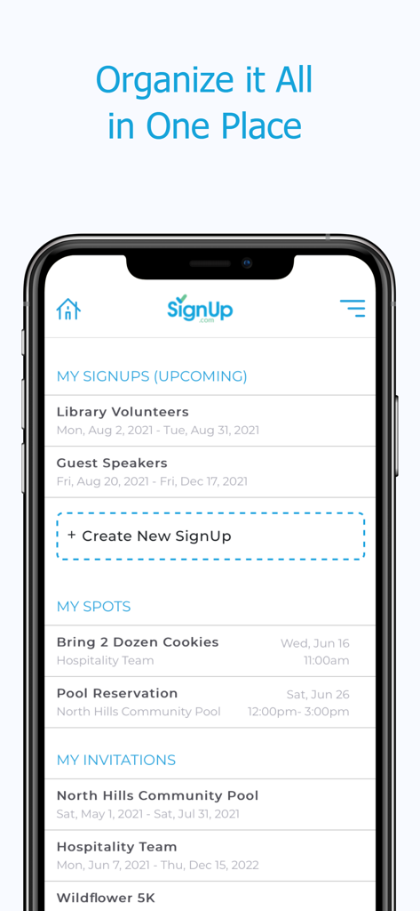 SignUp app dashboard showing upcoming volunteer activities and personal assignments organized in one place