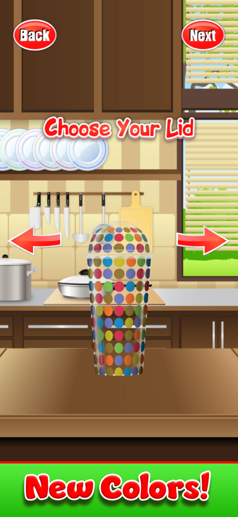 Escolhendo uma tampa de bolinhas coloridas para um copo de slushy em uma cozinha