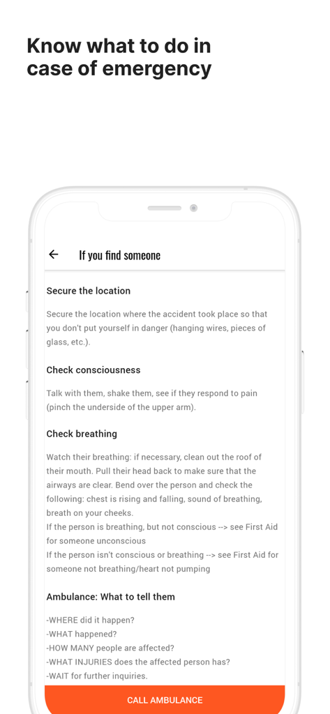 KnowDrugs app screen providing step-by-step emergency first aid instructions and a button to call an ambulance.